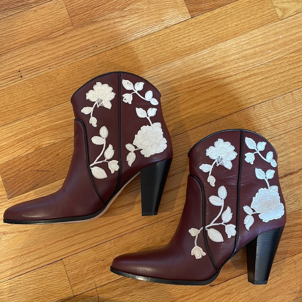 Kate Spade Burgundy Leather Ankle Boots with White Floral Embroidery - Picture 2 of 16